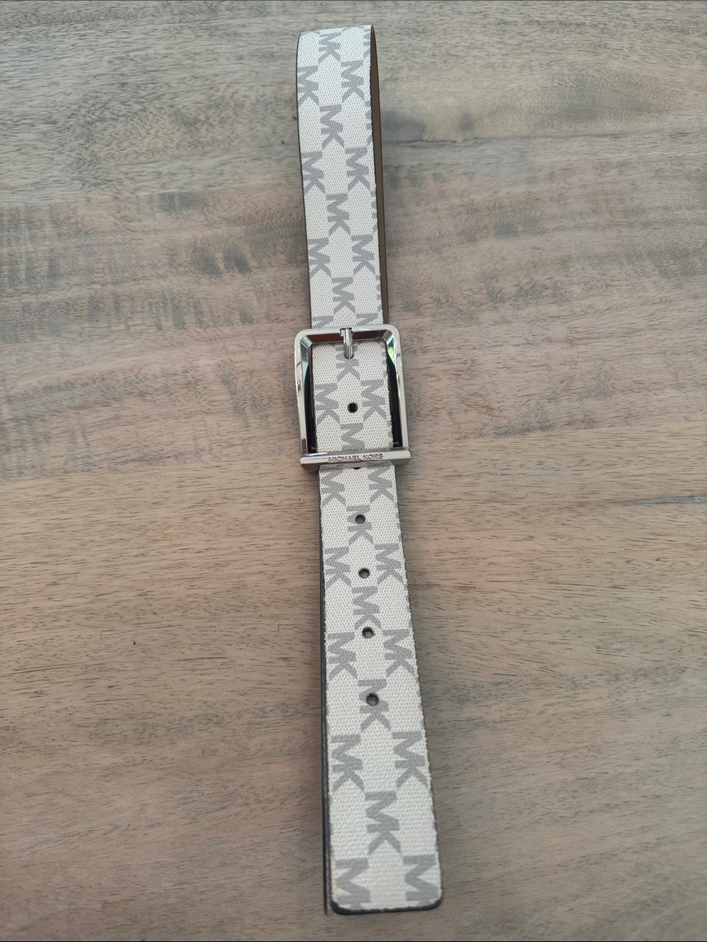 Michael Kors Men's White and Gray MK Logo Belt with Silver Buckle